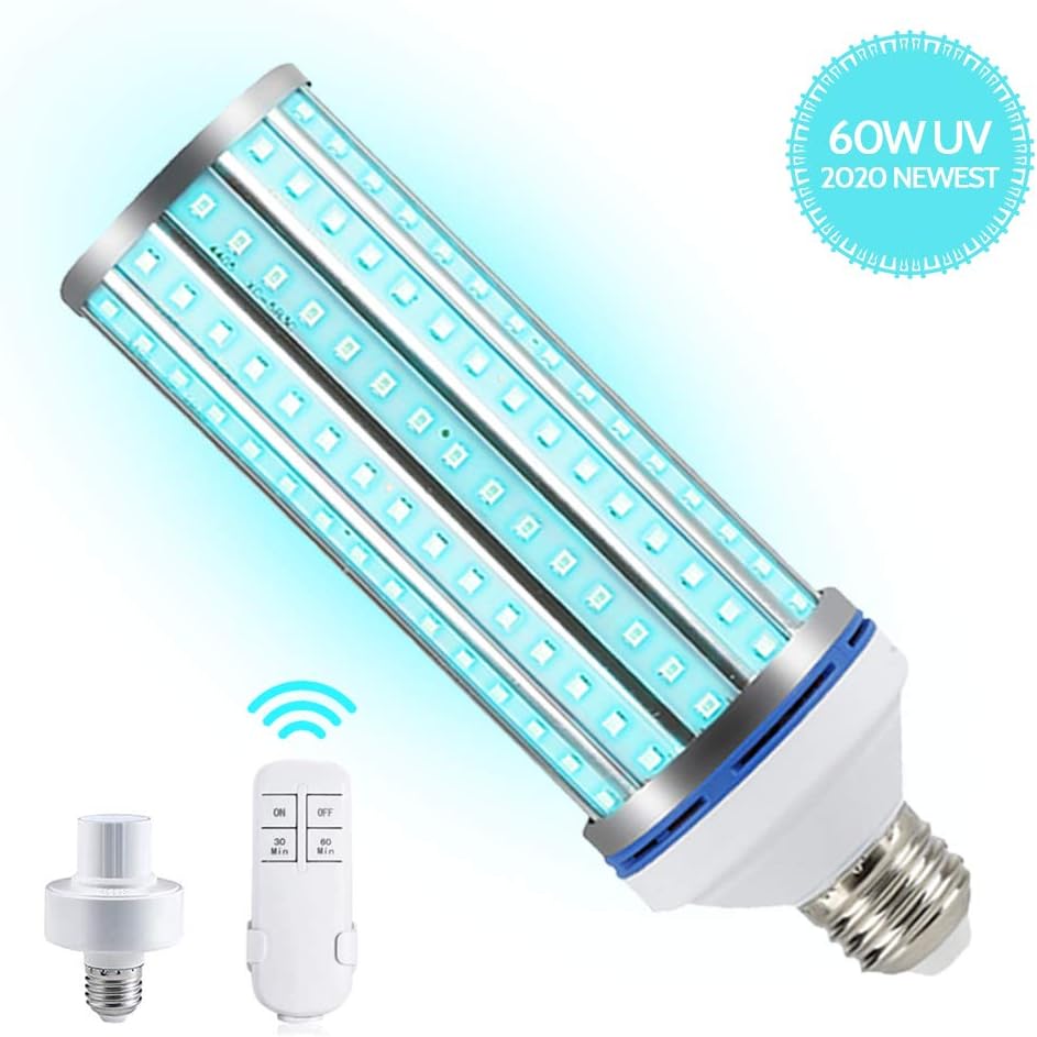 Newest 60W UV Germicidal Lamp, UVC Led Corn Light Bulb with Remote Control 30/60min Timer for Home,Warehouse and Supermarket (White)