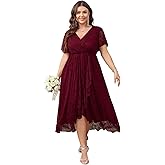 SCOMCHIC Womens Plus Size Wedding Guest Dress Formal Lace Wrap V Neck High Low Short Sleeve Cocktail Maxi Dresses XL-4XL