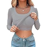 Long Sleeve Ribbed Tops for Women Built in Bra Casual Slim Fitted Square Neck Fall Basic Shirts(Gray,L)