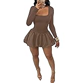 YOOTIKO Women Y2k Bubble Mini Dress Party Clubwear Sexy Square Neck Long Sleeve Cute Puffy Dress