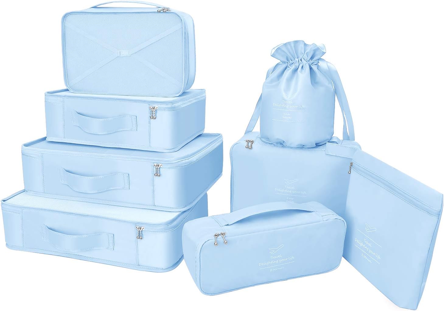 BETLLEMORY Packing Cubes 8 Sets Travel Luggage Organizers with Waterproof Shoe Storage Bag Compression Pouches(Light Blue)