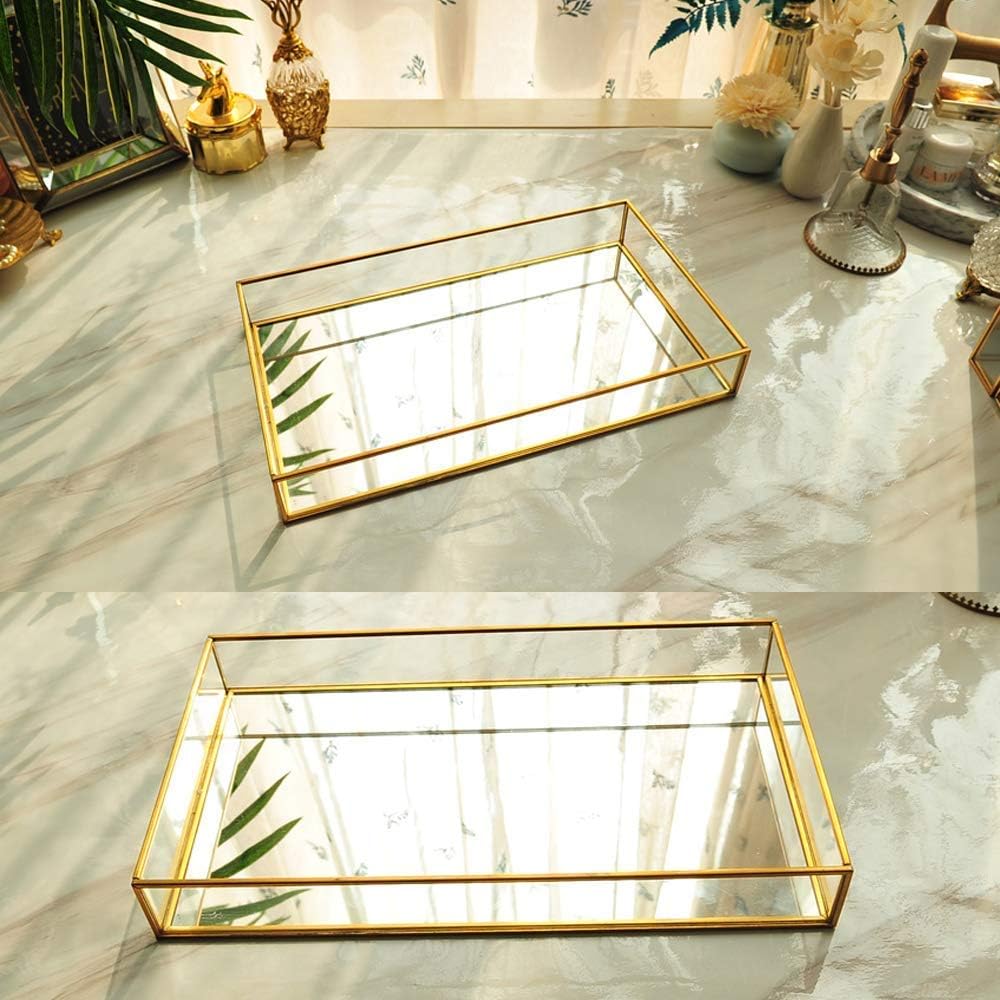 CHICHIC Gold Mirror Tray Jewelry Organizer Vanity Tray Jewelry Tray Perfume Tray Dresser Tray Decorative Tray, Glass Metal Makeup Tray for Bathroom Bedroom Cosmetics Storage, 11.8 x 7.9 Inch: Home & Kitchen