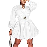 Uni Clau Womens Button Down Shirt Dress Long Sleeve A-Line Casual Puffy Short Mini Dress with Belt