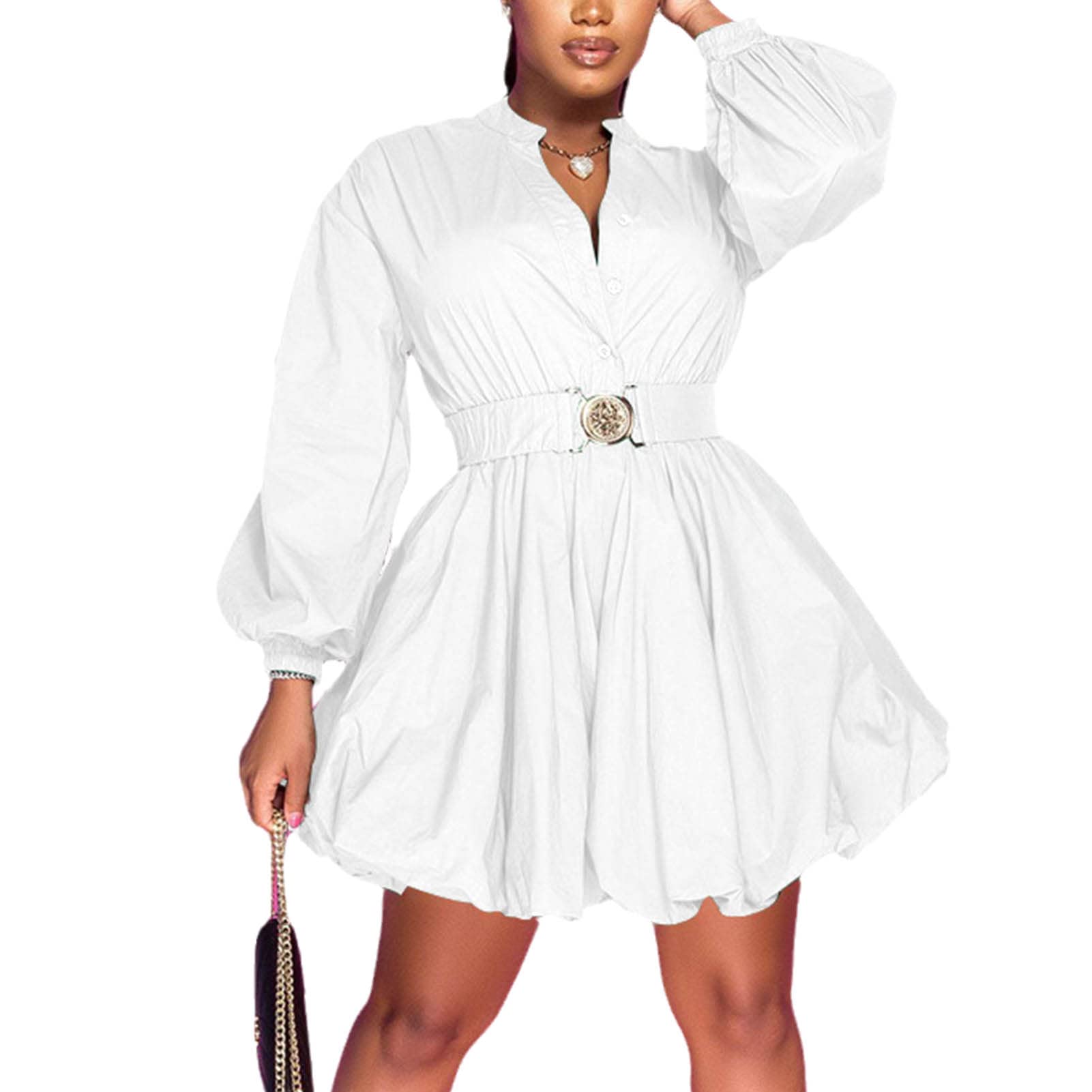 Photo 1 of ***SEE CLERK COMMENTS*** Uni Clau Button Down Shirt Dress for Women V Neck Long Sleeve Cute Fall Dresses Casual Short Mini Dress with Belt White M