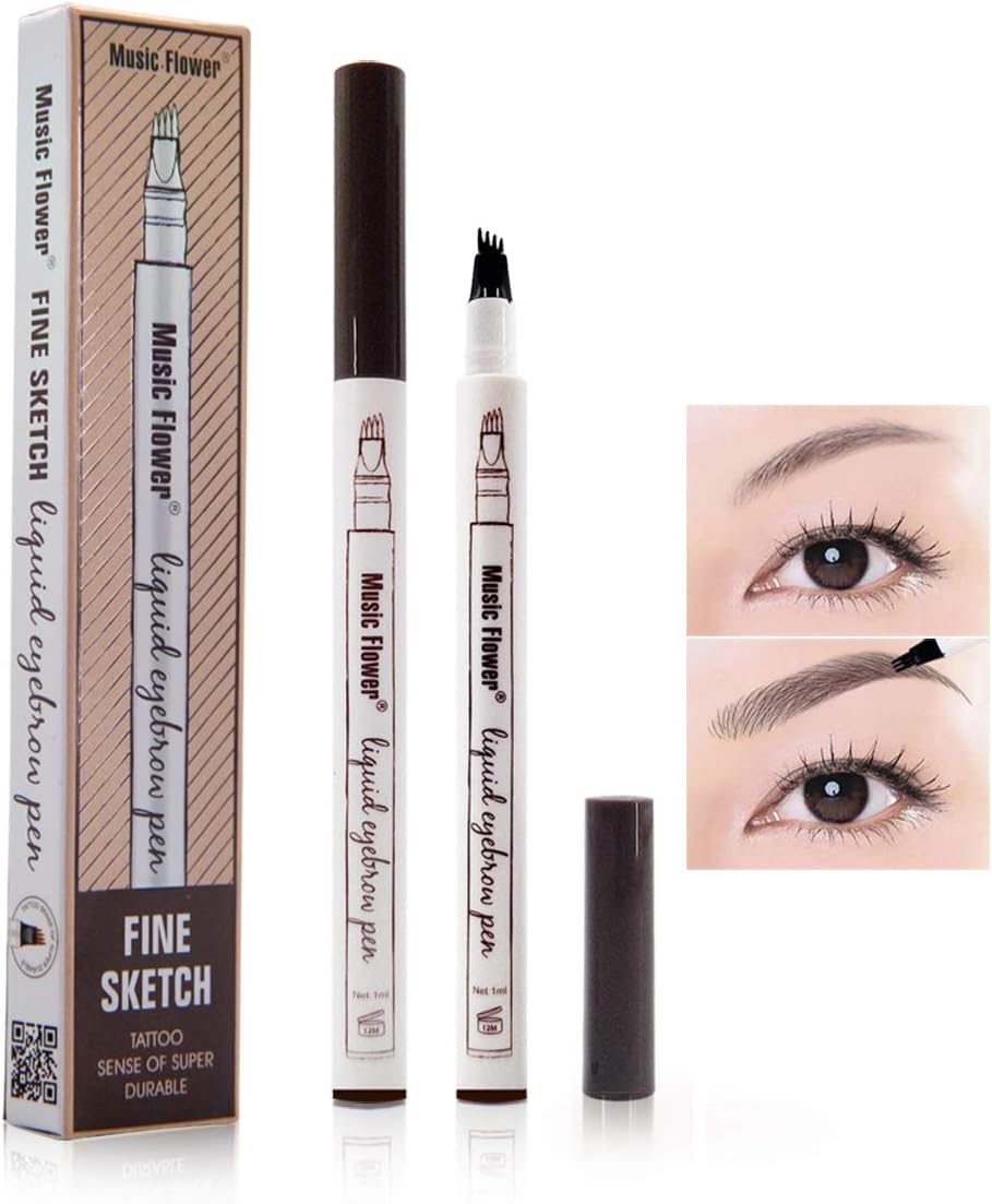 Liquid Eyebrow Pen,Lamavido 3D Eyebrow Tattoo Pen, Microblading Eyebrow Marker Pencil 4 Fork Tips Liquid Blonde Eye Makeup, Long-lasting Waterproof Smudge Proof Natural Look （01# Chestnut）