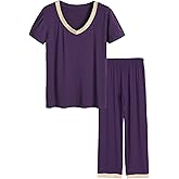 Latuza Women's V-neck Sleepwear Short Sleeves Top with Pants Pajama Set