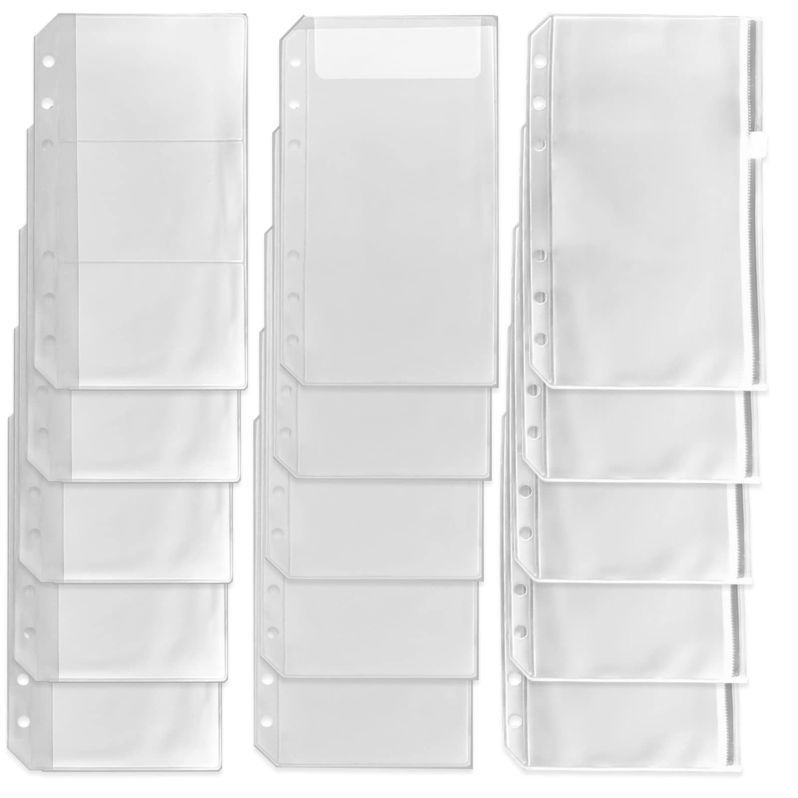 DY.2ten 15PCS A6 Size Binder Pockets, Zipper Binder Pocket, 3-Pockets Storing Bag, Clear Pocket with a Lid, Three Types, Translucent 6-Hole Binder Zipper Folders, Zipper Loose Leaf Bags
