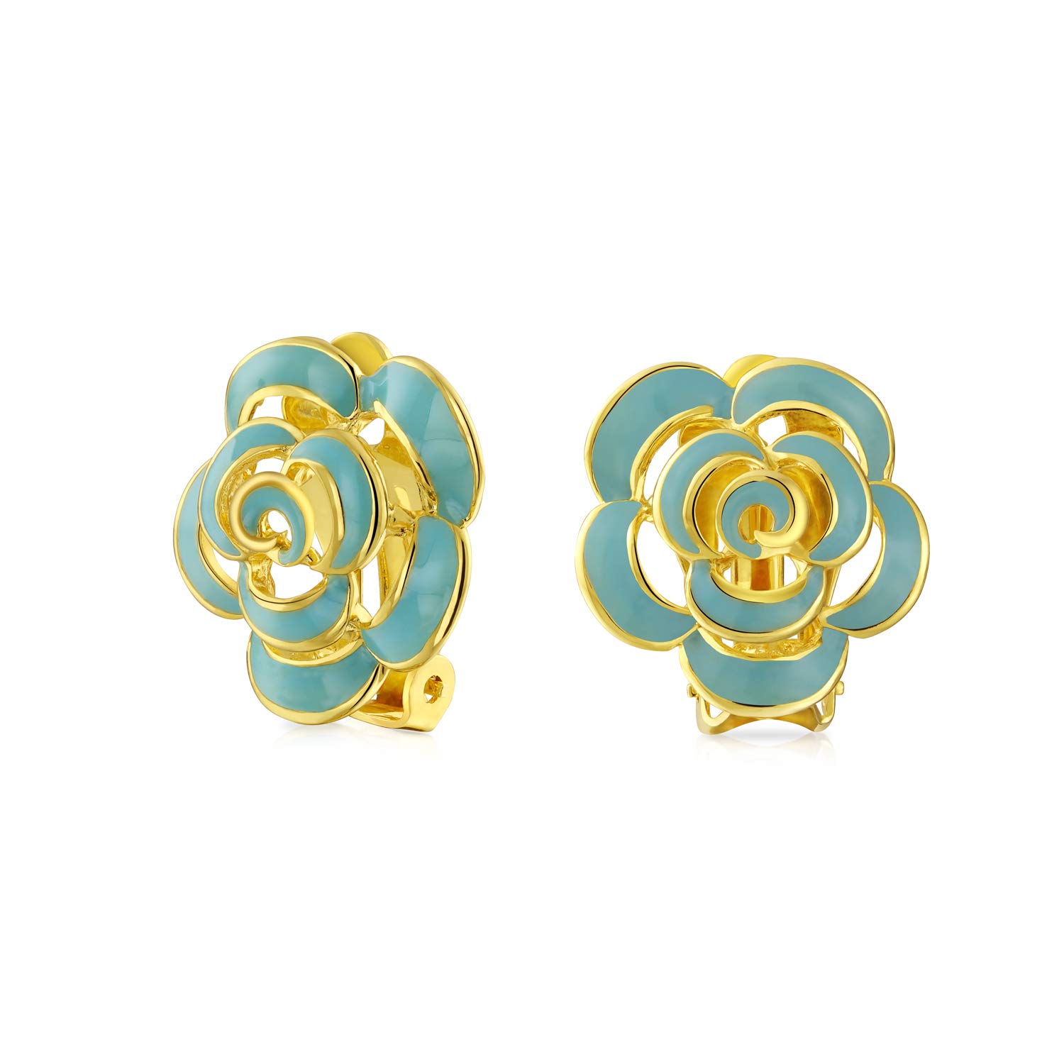 Fashion Enamel 3D Blue Rose Flower Clip On Earrings Button Style Non-Pierced Ears Gold Plated Simulated Turquoise