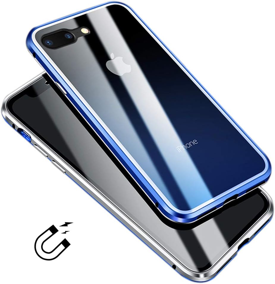 Glass iPhone 8 Plus Case,iPhone 7 Plus Case,LIGHTDESIRE Gradient Color Slim Bumper Magnetic Adsorption Aluminium Metal with Double Screen Protector Cover for iPhone 7 Plus/8 Plus (Ombre Blue)