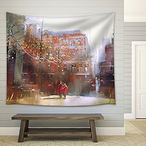 Couple in Red Walking on Street of City,Digital Painting - Fabric Wall Tapestry Home Decor - 51x60 inches