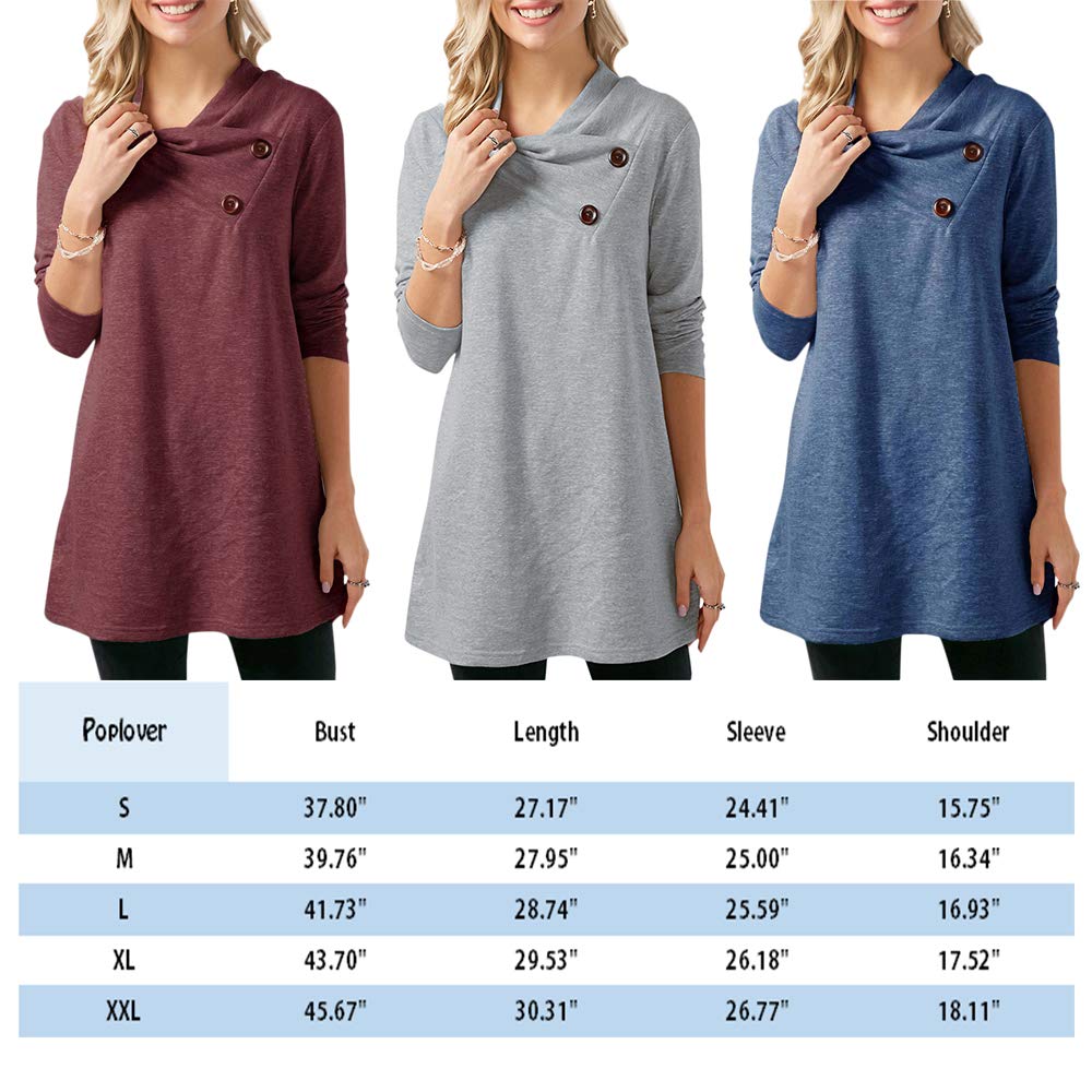Poplover Womens Long Sleeve Cowl Neck Tunic Loose Fit Tops Button Wine Red Large