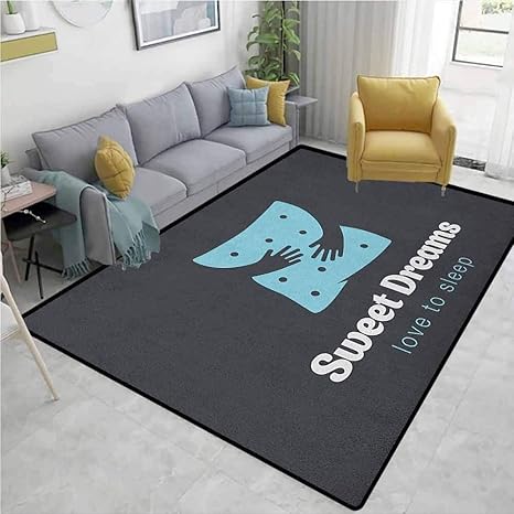 Amazon Sweet Dreams 天然繊維エリアラグ 赤ちゃん部屋用 北欧スタイルのネズミと星のイラスト入りレタリング お手入れ簡単 リビングルーム 寝室 カーペット シーフォーム ブラックとホワイト 4 Feet By 6 Feet ラグ カーペット オンライン通販