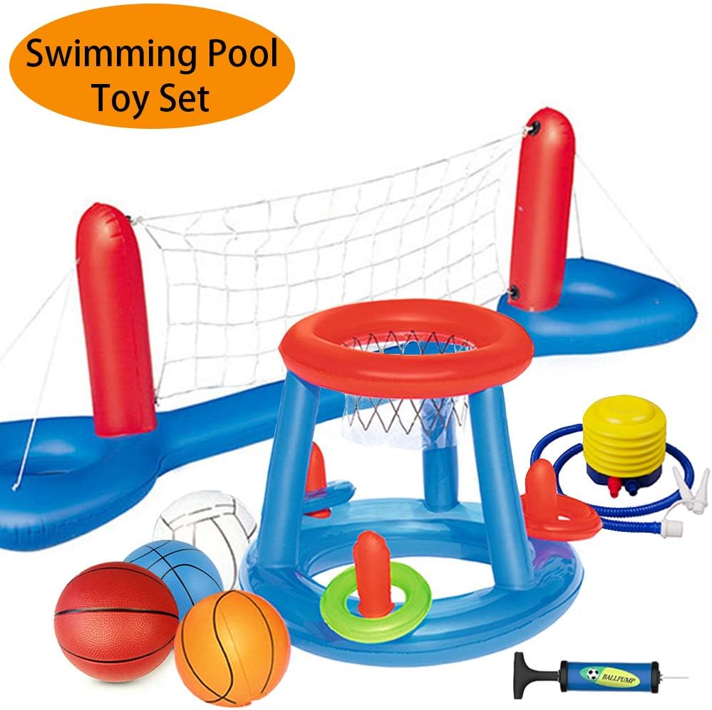 MICROFIRE Floating Pool Basketball Hoop and Volleyball Net Pool Games Toys Water Inflatable Hoop Sports Set