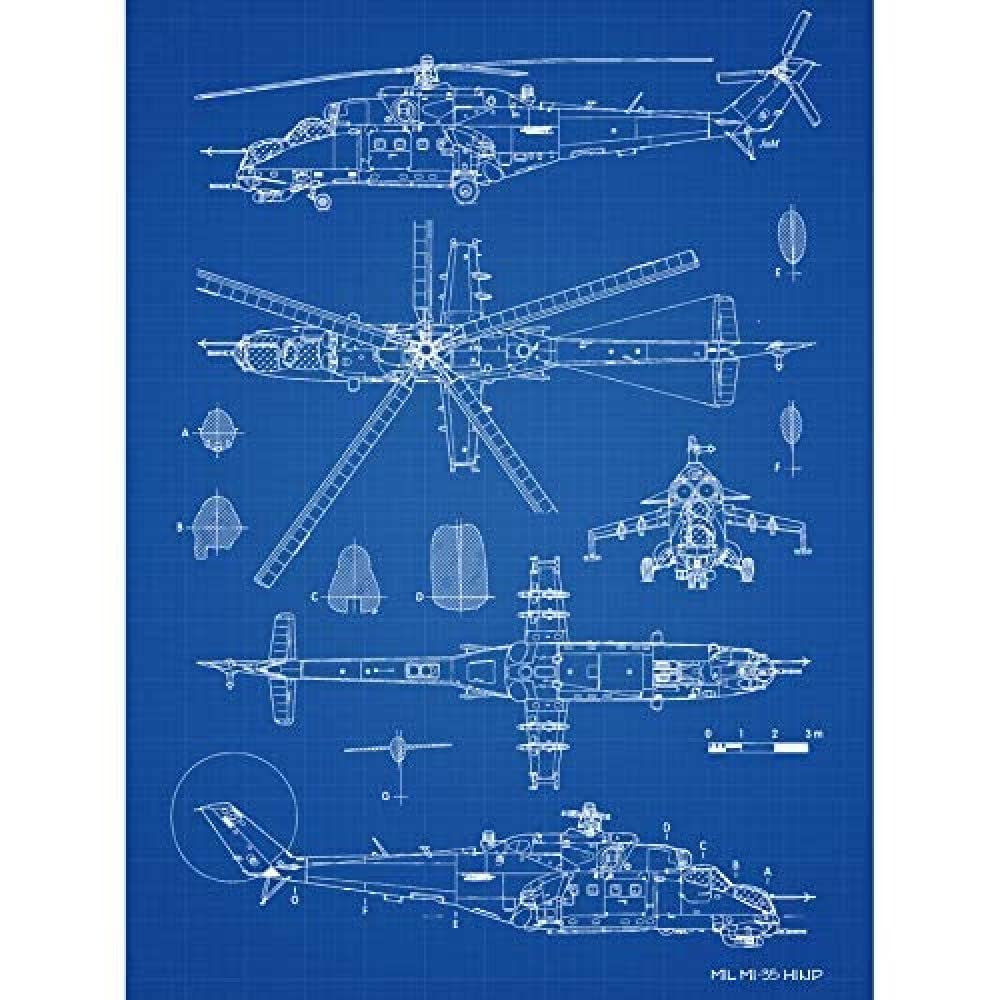 Artery8 Mil MI-35 Hind Helicopter Gunship Blueprint Plan Art Print Canvas Premium Wall Decor Poster Mural