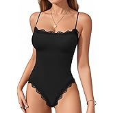 MANGOPOP Women's Cami Thong Bodysuit Double Lined Square Neck Backless Body Suit Adjustable Spaghetti Strap Tank Tops
