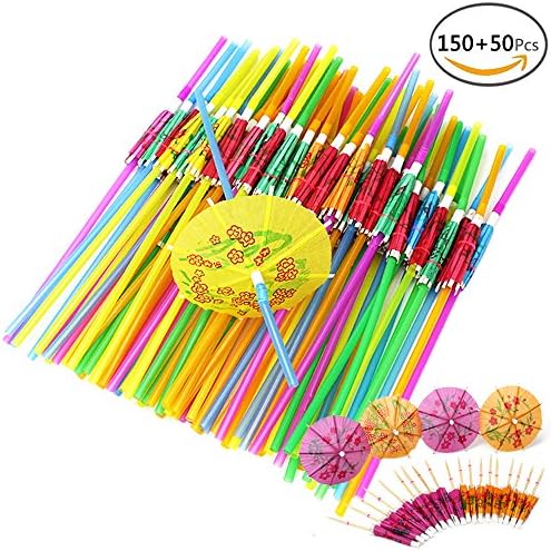 SERONLINE 150 Disposable Umbrella Straws Party Straws with 50 Umbrella Cocktail Picks, for Bars, Restaurants and Parties
