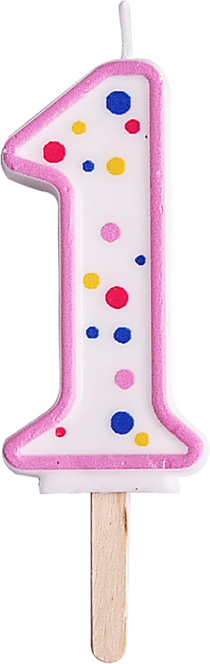PME Pink Number 1 Candle Large 63 mm Wood Stick Polka Dots