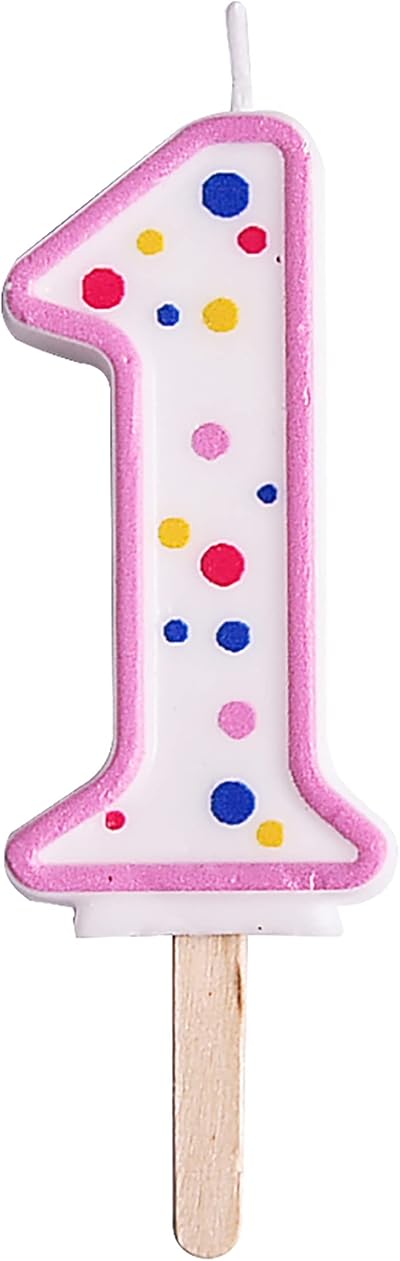 PME Pink Number 1 Candle Large 63 mm Wood Stick Polka Dots