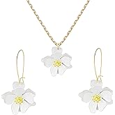 Dreuyet Charm Bohemian Daisy Flower Earring Necklaces Set for Women Elegant Matte Floral Long Petal Dangle Earrings Chic Layered Tiered Drop Earrings Seaside Holiday Jewelry
