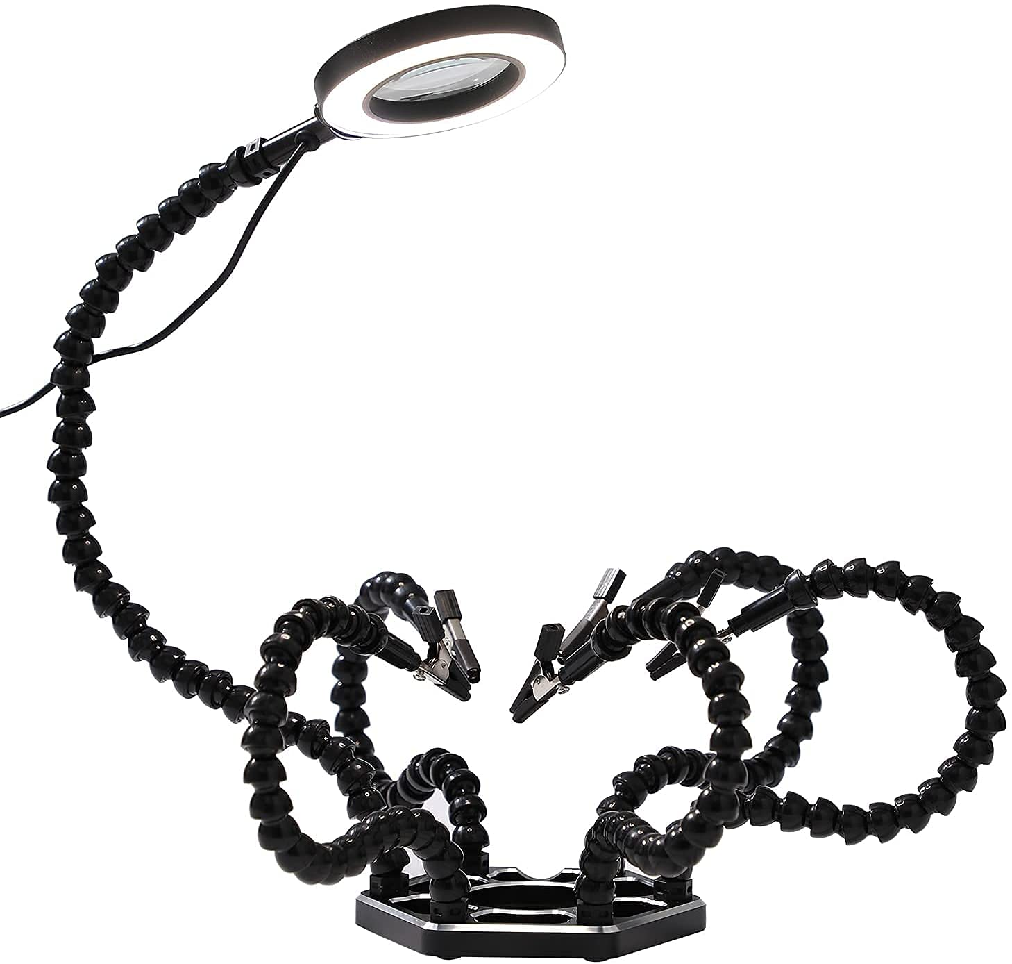 TOPWAY Helping Hands Soldering Station Third Hand with 3X LED Iluminated Magnifying Glass + 6 Flexible Arms + Heavy Duty Metal Base, for Electronic Jewelry Repair Crafts Rework