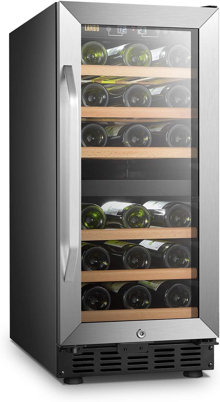 Lanbo 15 Inch Wide Dual Zone Wine Refrigerator, 28 Bottles Built In Compressor Wine Cooler