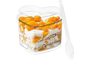 50 Pack Dessert Cups with Lids and Spoons, 150 ml Heart Shaped Clear Plastic Appetizer Parfait Cups for Valentine's Day, Moth