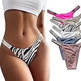 4UFIT Women's Ice Silk Rhinestone Thongs Low Waist High Cut Bikini Underwear Hipster T Back Panties 6 Pack