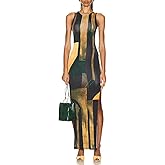 Kasopp Women’s Sheer Mesh Sexy Bodycon Long Sleeve Ruched Maxi Dress Printed Slim Fit Party Club Dresses