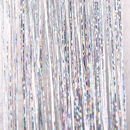 FOTBIMK Long Wavy Wig Hair Tinsel Sparkle Holographic Glitter Extensions Highlights Party Wig Hair Extensions Synthetic(Silver)