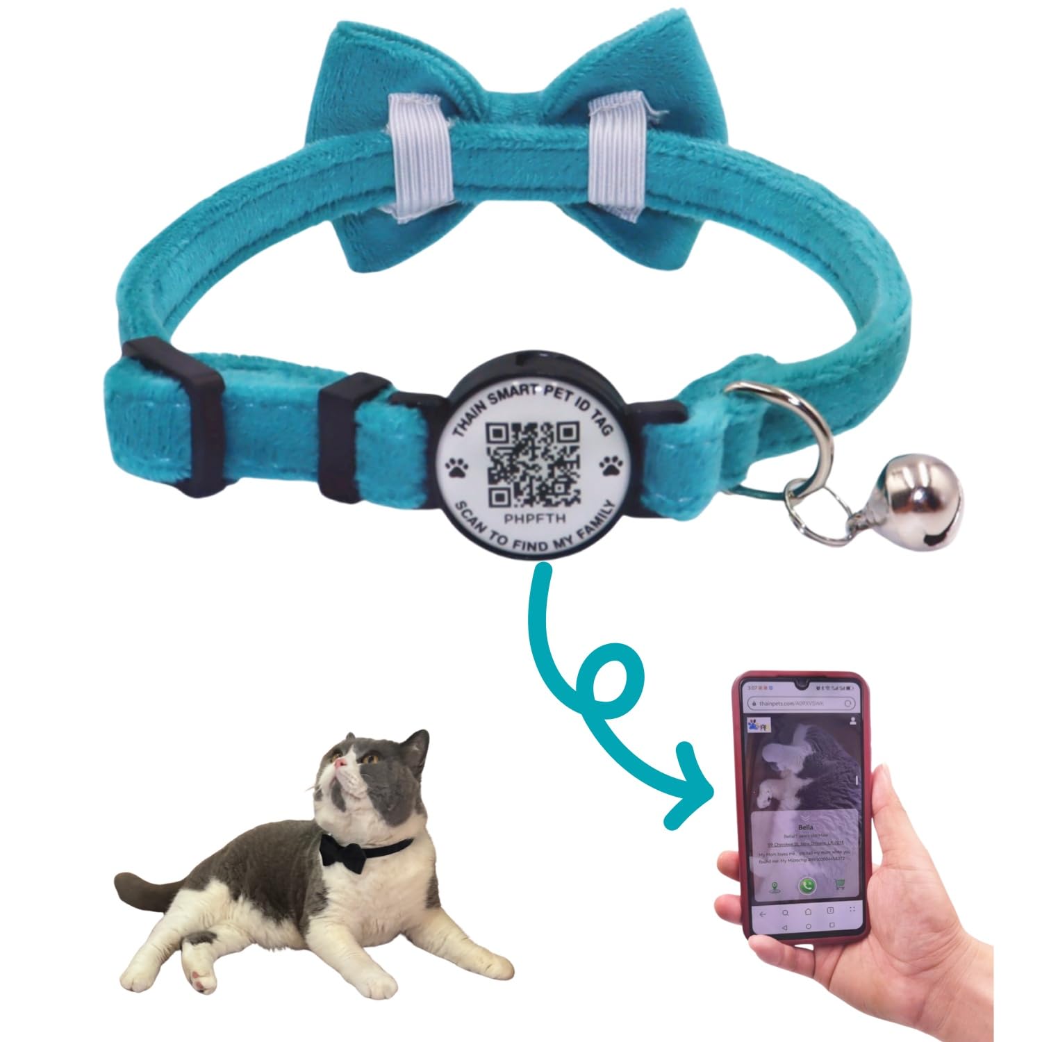 THAIN Personalised Cat Collar with bell and Bowtie Breakaway QR Code Name Smart ID tag quick release soft comfortable collar for cats and kittens (Blue)