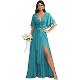 Daisory Women's Chiffon Long A Line Bridesmaid Dresses with Slit Short Sleeves Formal Evening Dress