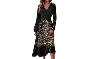 BDPORKAS Christmas Dresses for Women Christmas Tree Print Long Sleeve V Neck High Waist Maxi A-Line Party Dresses 2024