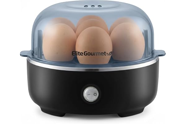 Elite Gourmet EGC115B Easy Egg Cooker, 7-Egg, BPA-Free, Classic Black | Cooks soft, medium, or hard-boiled eggs with auto shut-off - electric operation - includes measuring cup