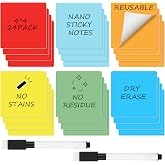 Crtiin 24 Pack Reusable Sticky Notes Bulk Dry Erase Magnetic Labels 3 x 3'' | Colorful Magnetic Sticky Note, 2 Dry Erase Markers, Reusable Magnetic Notes, for Office School, Whiteboard Fridge Labels List