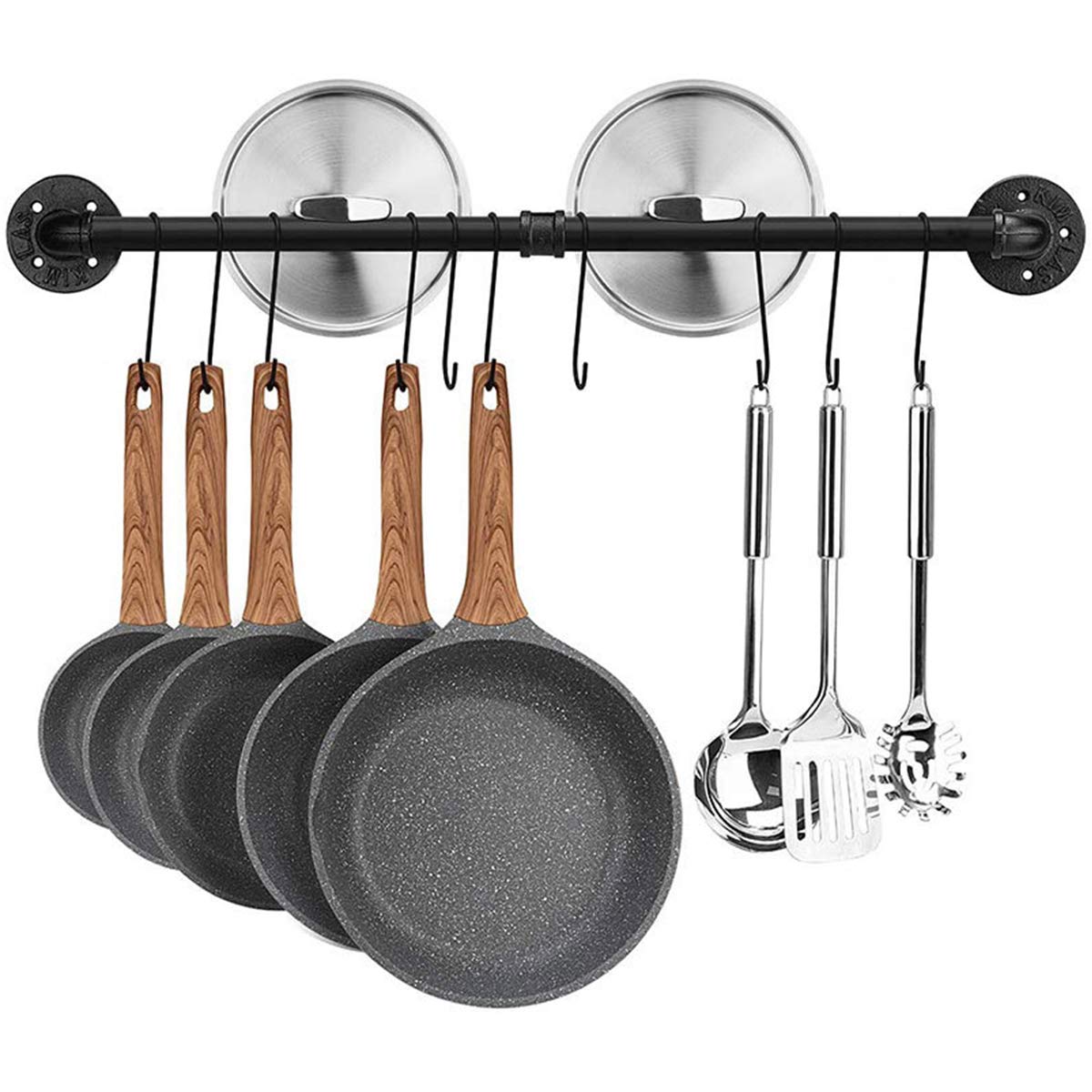 Astoryou Wall Mount Pot Pan Bar Rack, 100cm Pipe Pot Rack Wall Mounted Pans Bar Holder Hanging Rail Kitchen Utensils Hanger Organizer with 10 Hooks, Black