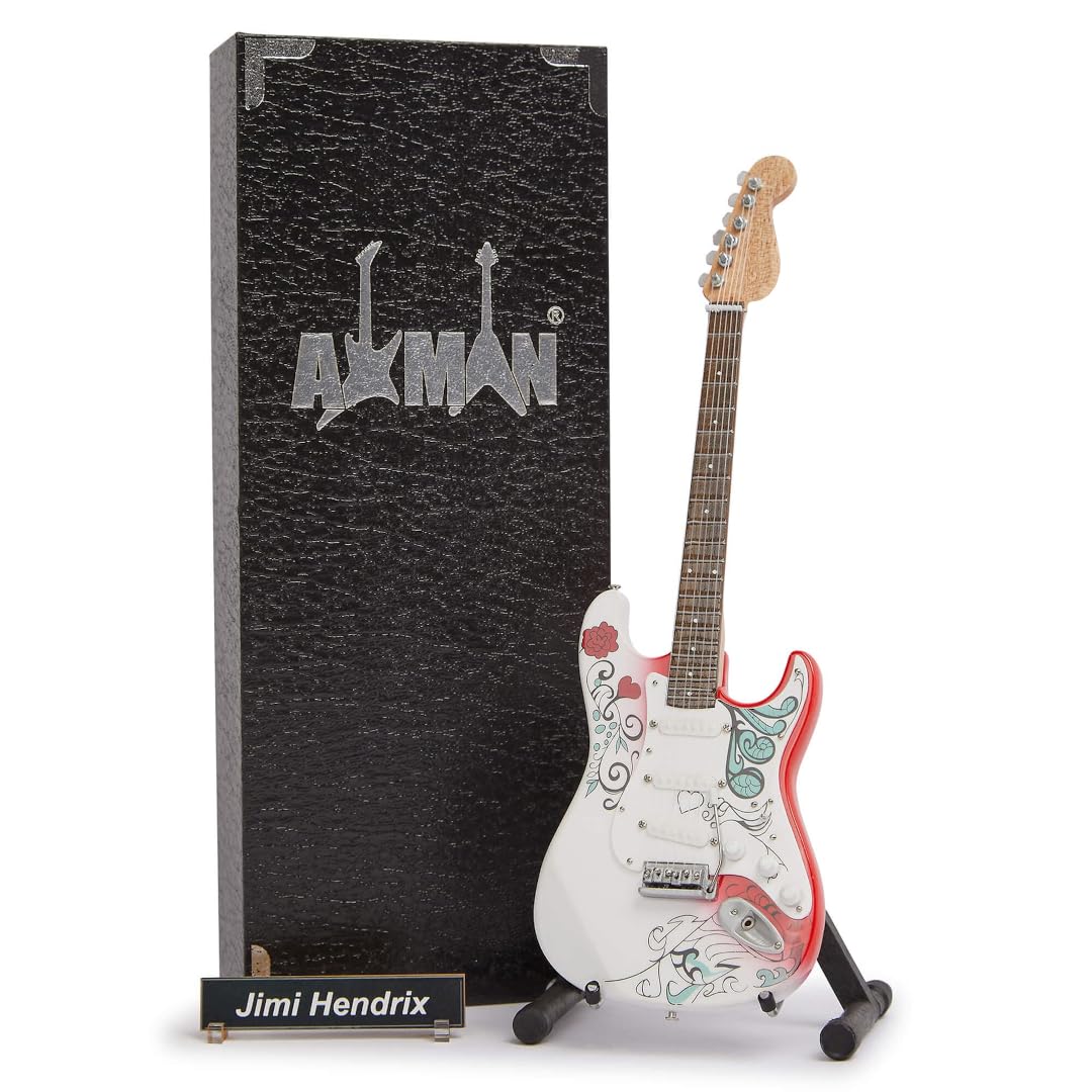 Jimi Hendrix: Monterey, Miniature Guitar Replica, Music Gifts, Handmade Ornamental ¼ Scale, Includes a Display Box, Name Tag and Miniature Guitar Stand, gifts for music lovers