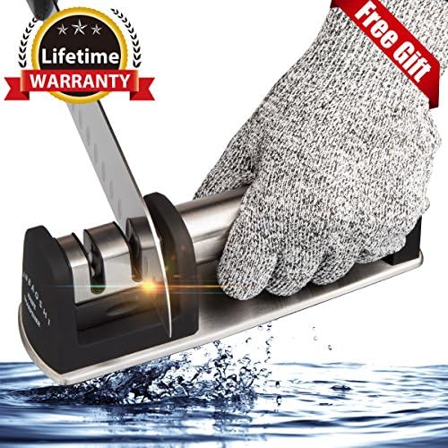Knife Sharpener, Sharp Kitchen Sharpen Knife Kit with 2 Stage Diamond Coated Ceramic Knives Sharpening Wheel System and 5 Cut Resistant Glove (black)