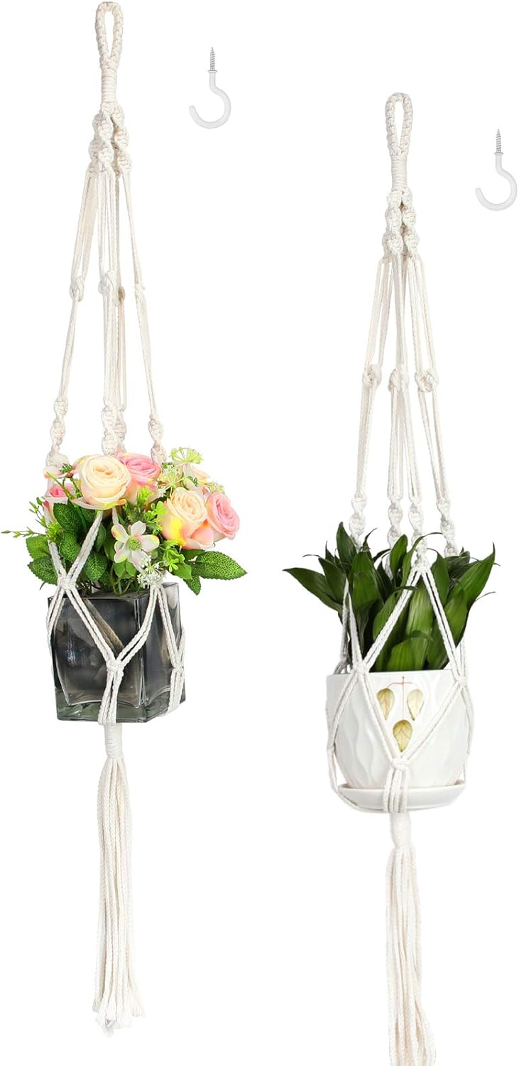 Purnap 2 Pack Macrame Plant Hangers with 2 Hooks, Handmade Indoor Outdoor Hanging Planter Holder Basket Flower Pot Holder Cotton Rope for Garden Home Decoration, 4 Legs, 42" Length: Garden & Outdoor