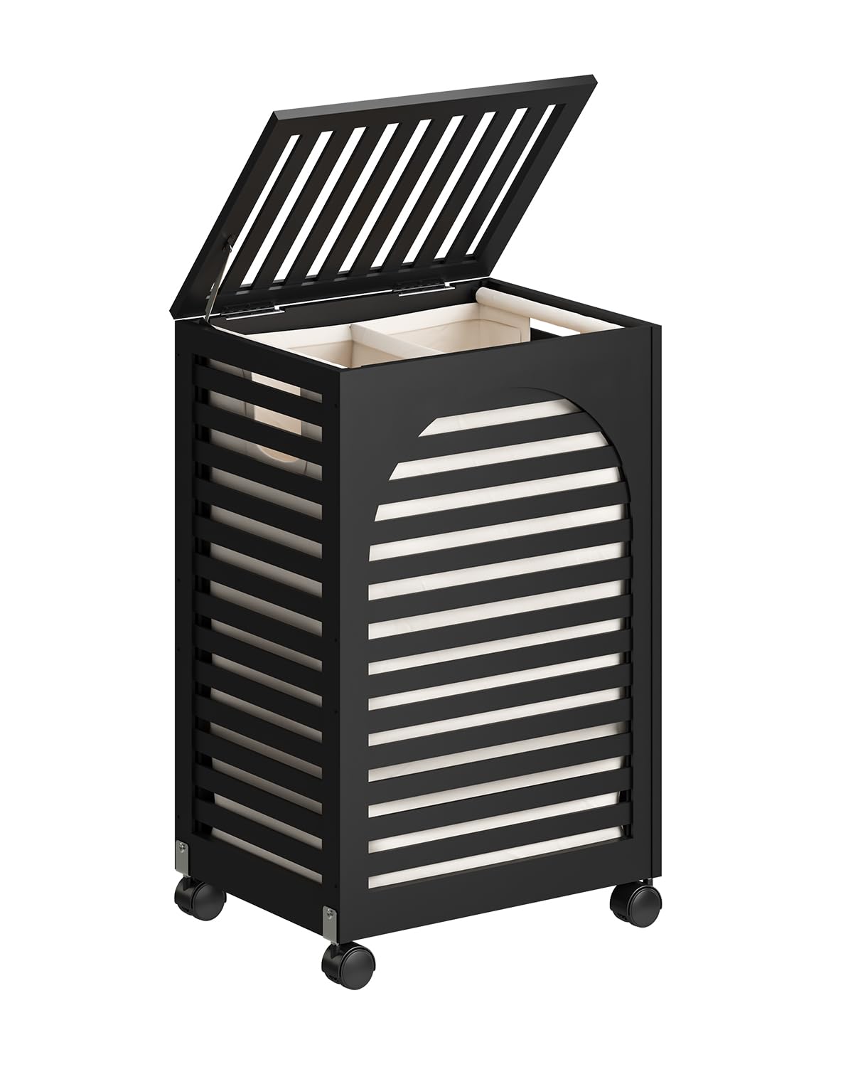 Photo 1 of Black Laundry Hamper with Wheels, Laundry Basket with Lid, 22.5 Gallon (85L) Bamboo Wood Clothes Laundry Hamper 2 Section with Handles, Removable Liner