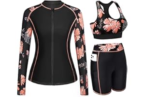 Daci Women 3 Piece Rash Guard - 3PC Long Sleeve Zip up Swim Shirt Sports Bra Modest Swimsuit with Shorts
