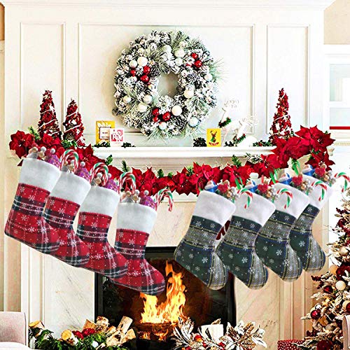 Vanteriam 7 inch Mini Christmas Stockings 12 Pack, Rustic Personalized Red and Green Plaid Design with Snowflake and Fleece Cuff, Great Addition to Holiday Decorations & Seasons Decor