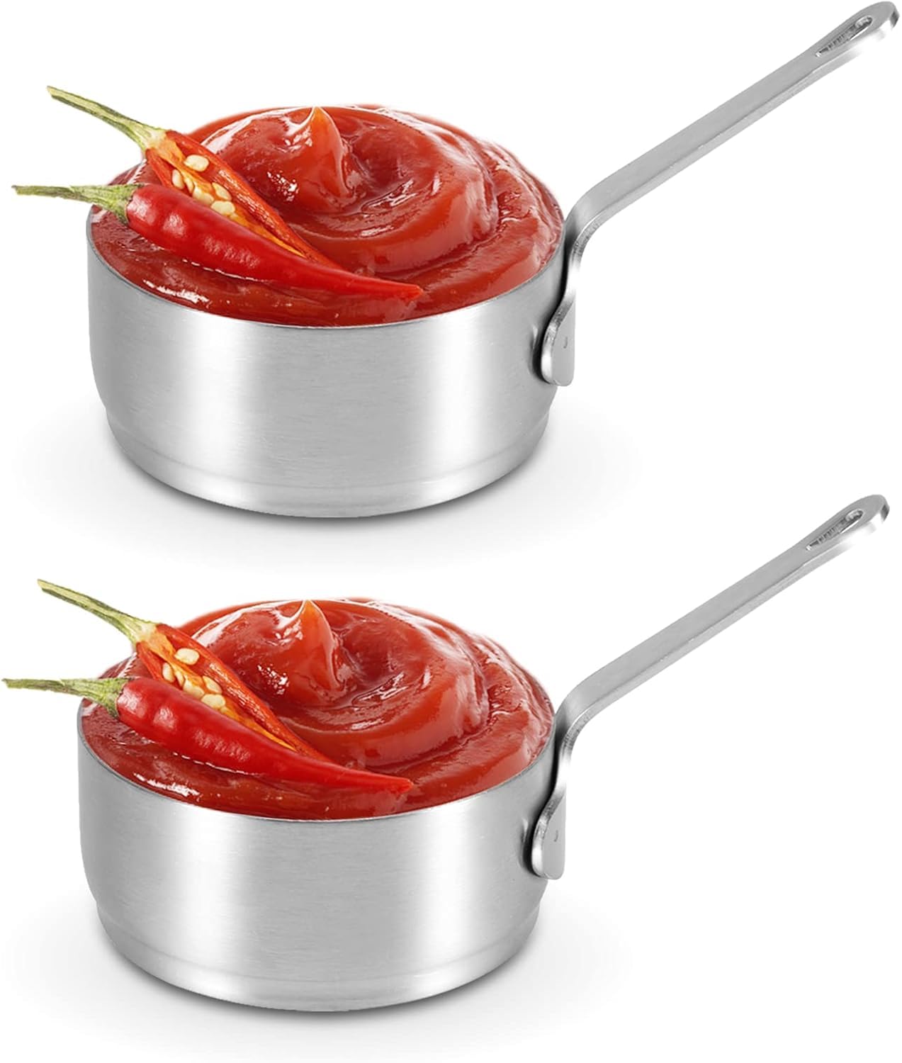 2PCS Stainless Steel Sauce Cups 100ml, Reusable Dipping Sauce Bowls with Handle, Condiment Saucepan for BBQ Restaurant Home Serving