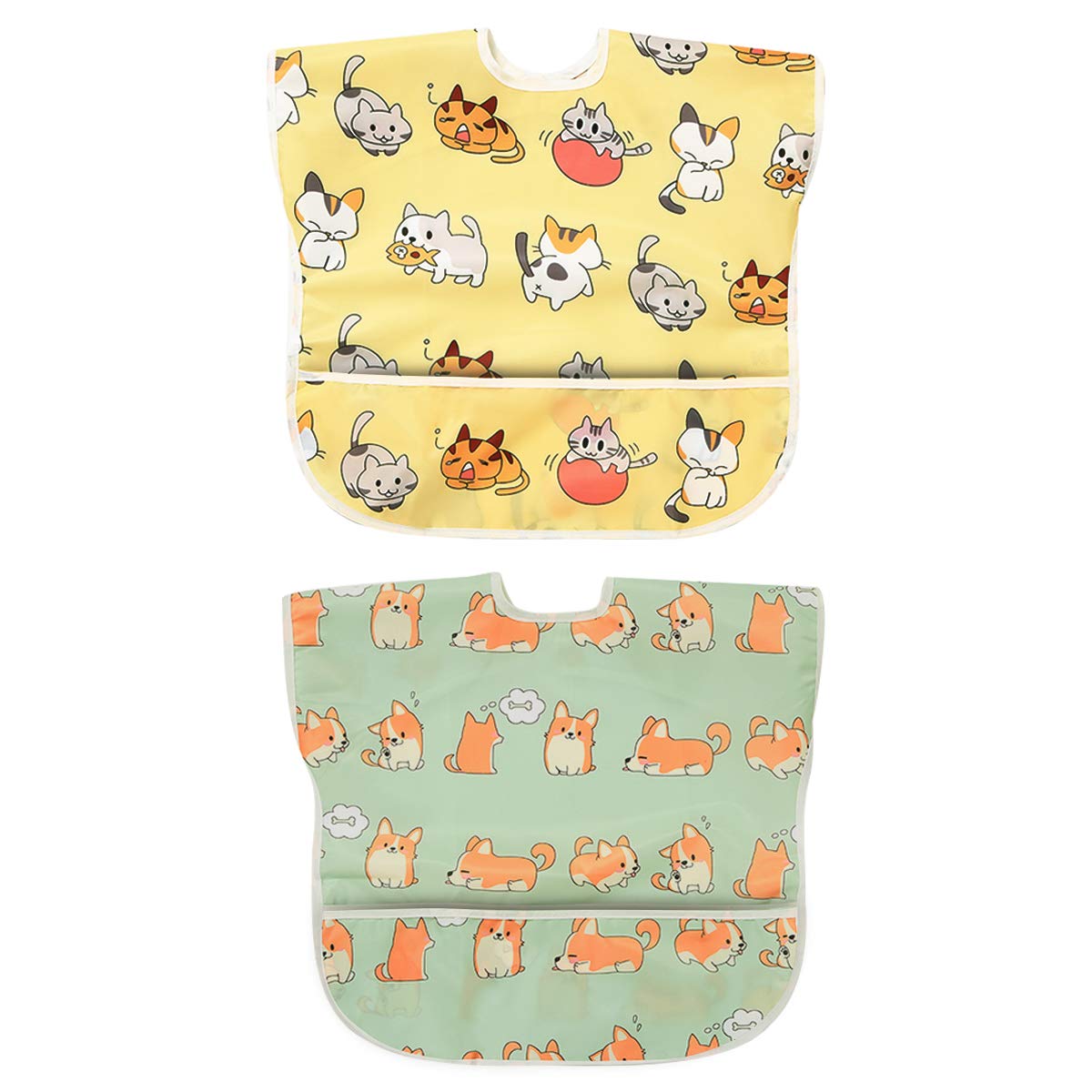 Little Dimsum Baby Food bib|Sleeveless Weaning Coverall Set|Babies&Toddlers Waterproof Feeding Bib|Food Catcher|Large Pocket|Easy to clean and wipe(Cat Dog)