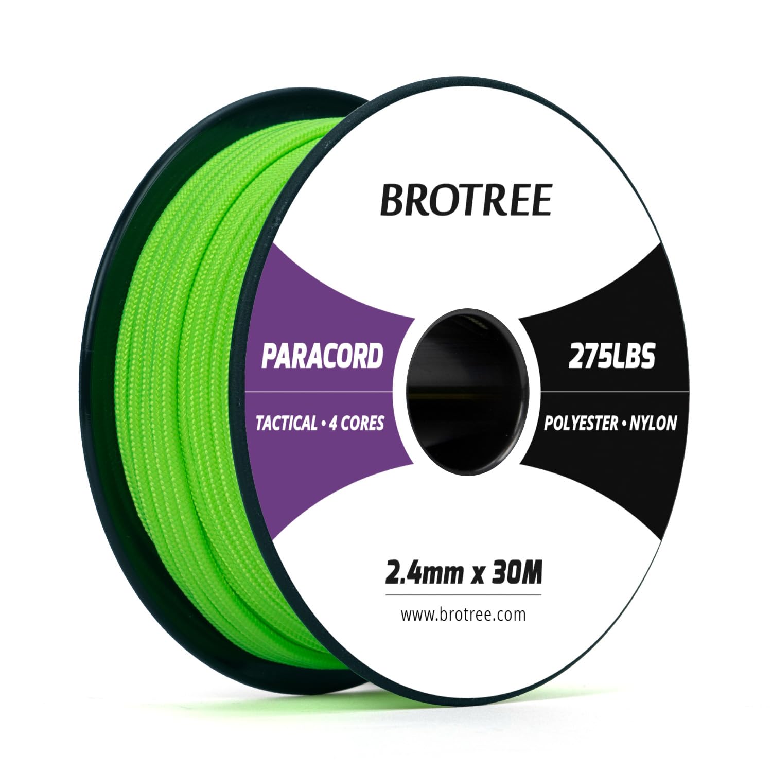 Brotree 275 Paracord 2.4mm Tactical Cord 30M Nylon Rope 4 Strands Parachute Cord for Outdoor, Craft, DIY - 125kg Breaking Load (Neon Green)