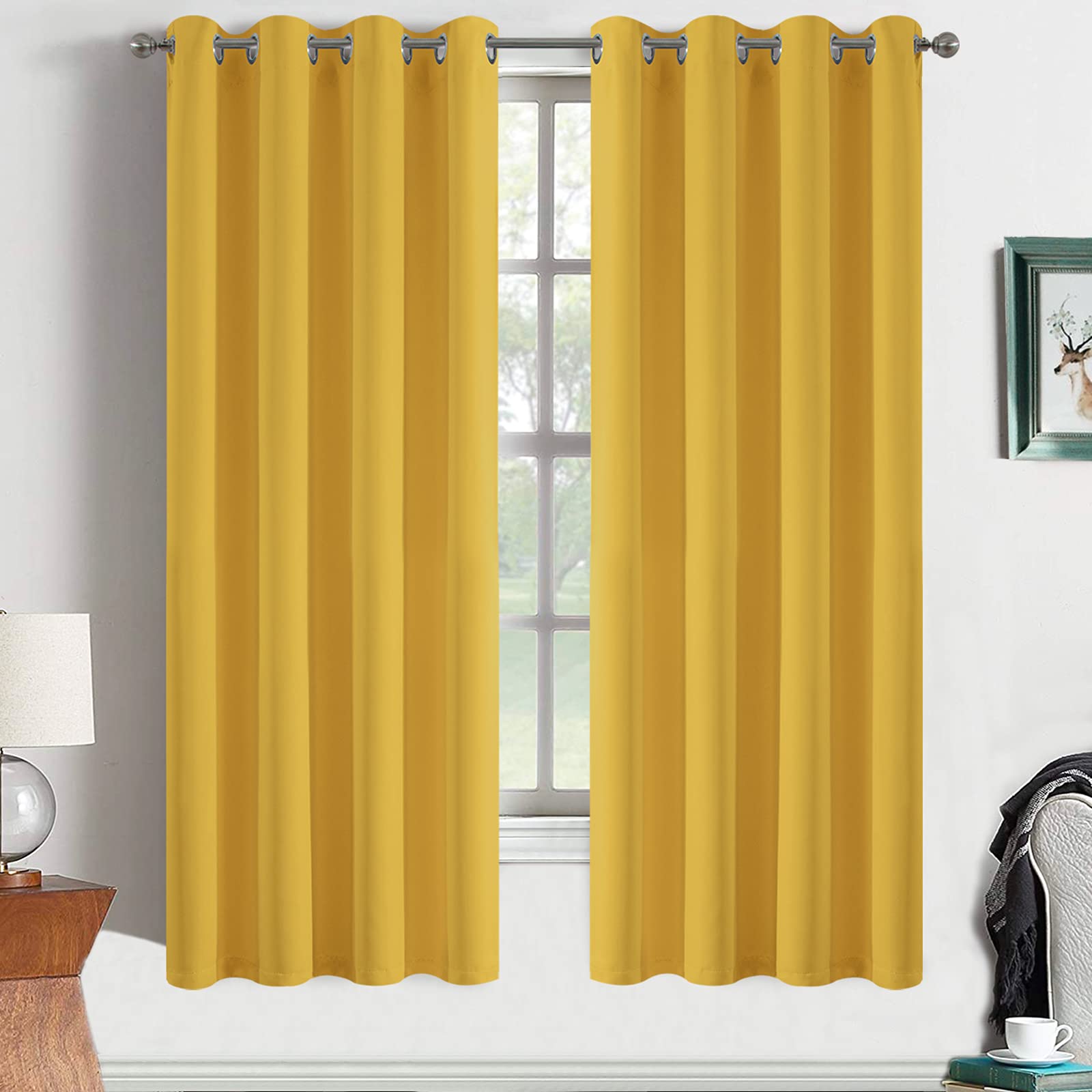 Yakamok Blackout Curtains Room Darkening Thermal Insulated Grommet top Window Curtains for Living Room, 52 x 63 Inch, Mustard Yellow, Set of 2