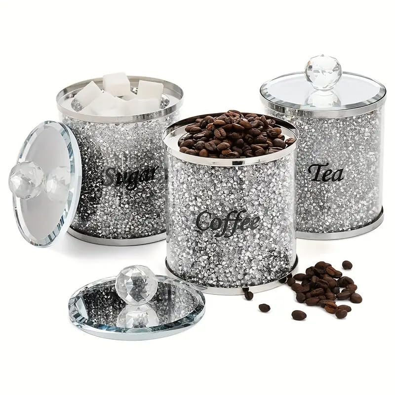 JAYOGLA Ceramic Tea Coffee Sugar Canisters Set Kitchen Storage Container Canister Jars with Silver Lid For Home Kitchen Other Sweet Treats Kitchen Accessories