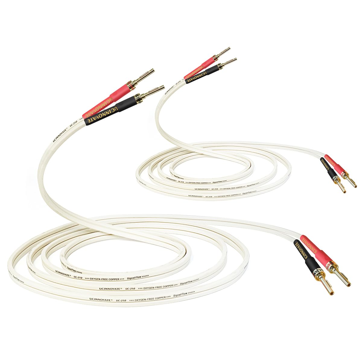 VVFLED 2 Pack 14 AWG OFC Speaker Cable with Gold-plated Pin Banana Plugs, Audiophile White Speaker Wire With Gold-plated Banana Plugs, Square Flat Cables for HiFi & Home Audio System (3m / 9.8Ft)