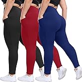 HLTPRO 3 Pack Plus Size Leggings with Pockets for Women - Black High Waisted Tummy Control Soft Yoga Pants for Gym Workout