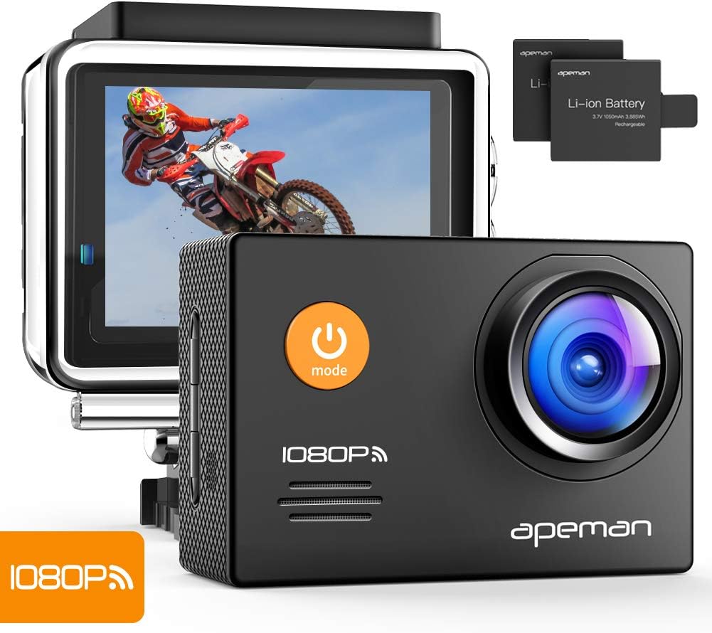 APEMAN Action Cameras A77,4K 20MP Webcam Ultra Full HD Wi-Fi Sport Cam 30M Diving Underwater Camera with 2.0'' LCD Screen 170° Wide View Angle/2.4G Remote Control/2 Rechargeable Batteries