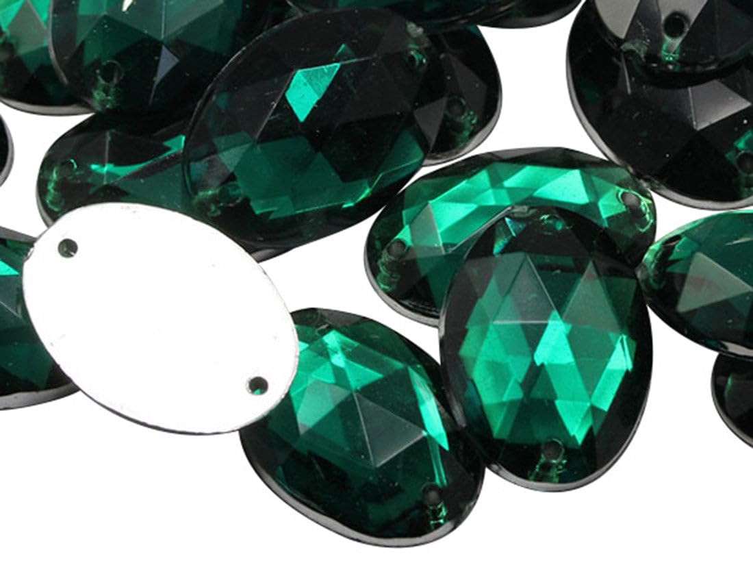 Allstarco 18x13mm Green Emerald CH18 Flat Back Sew On Oval Beads Acrylic Rhinestones Sewing Plastic Gems with Holes for Jewelry, Clothes, Garment Embelishments, Shoes, Cosplays, Crafts 50 Pieces